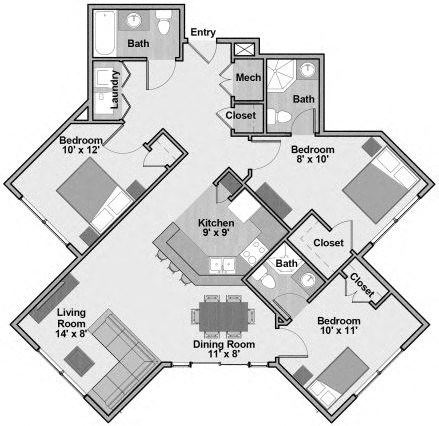 Connections at 6th - Unit Type C4 Floorplan - 3 bed/3 bath